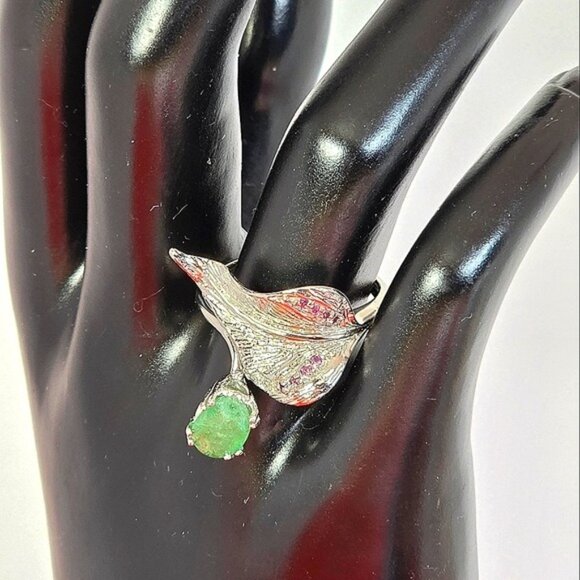 925 Sterling Silver Leaf Ring Sz 8 with Naural Emerald & Garnet Gemstone - Picture 12 of 13